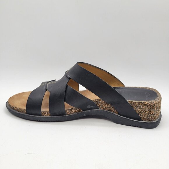Clarks Black Slide Slip On Strappy Leather Comfort Sandals Arch Support Sz 8.5 - Picture 3 of 9
